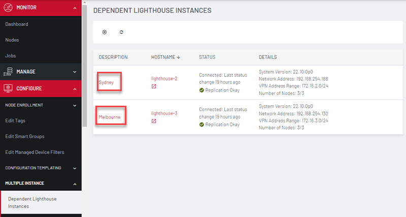 Image of Lighthouse UI showing how to configure the subnet between each secondary Lighthouse and its nodes